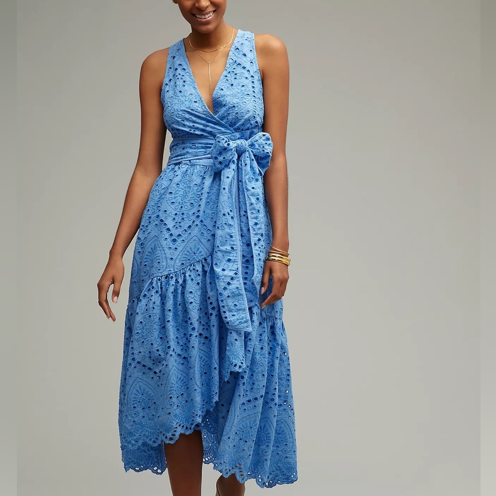 Anthropologie Blue Eyelet Wrap Maxi Dress
